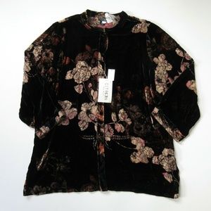 Citron Santa Monica Velvet Burnout Top in Black Floral Button Front Top